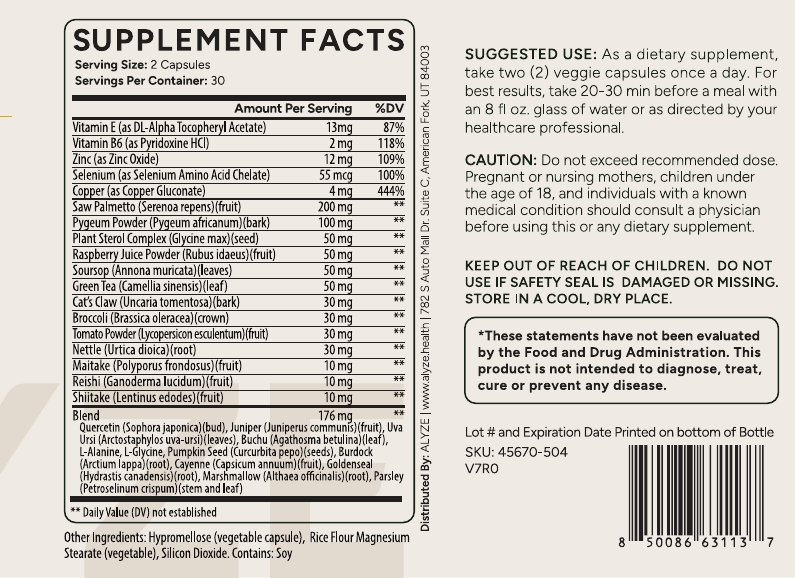 ALYZE Prostate Health supplement facts
