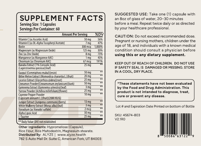 ALYZE Blood Sugar supplement facts