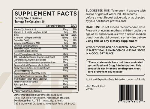 ALYZE Blood Sugar supplement facts