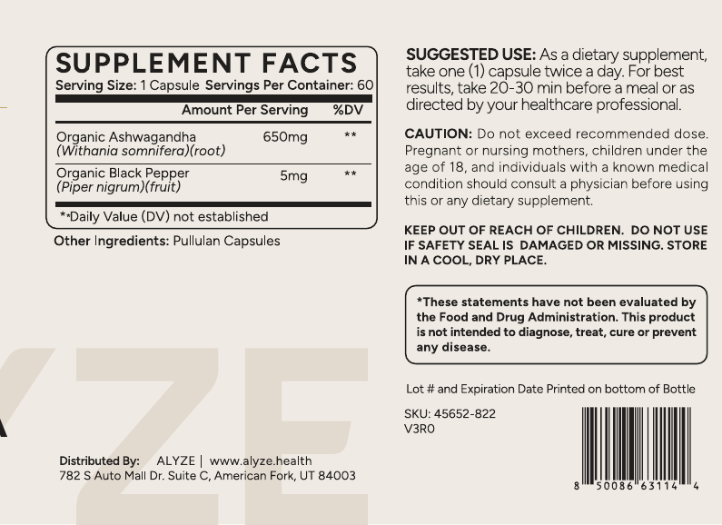 ALYZE Ashwagandha supplement facts