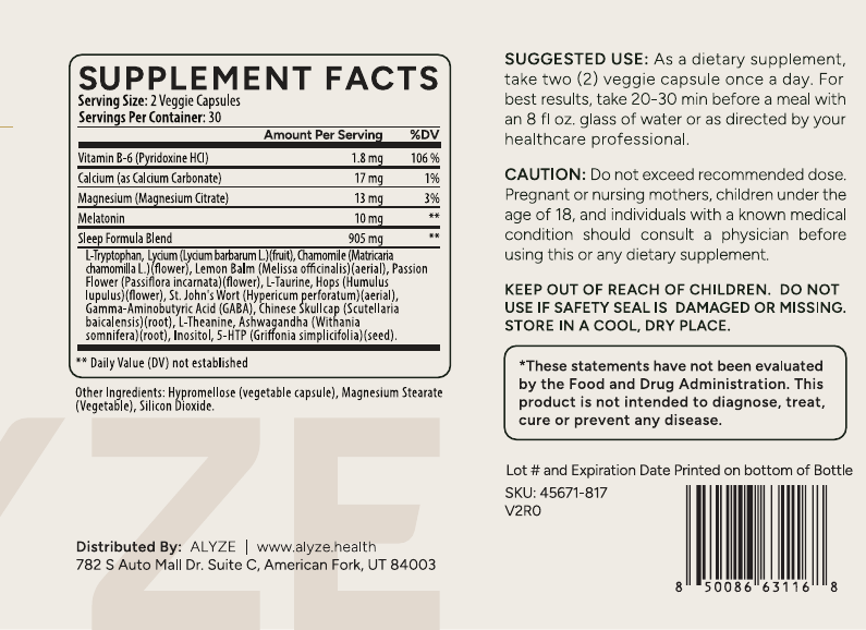ALYZE Sleep Support supplement facts