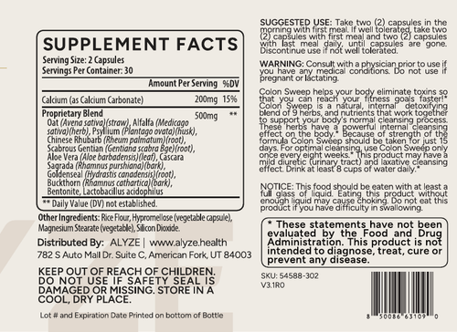 ALYZE Colon Sweep supplement facts